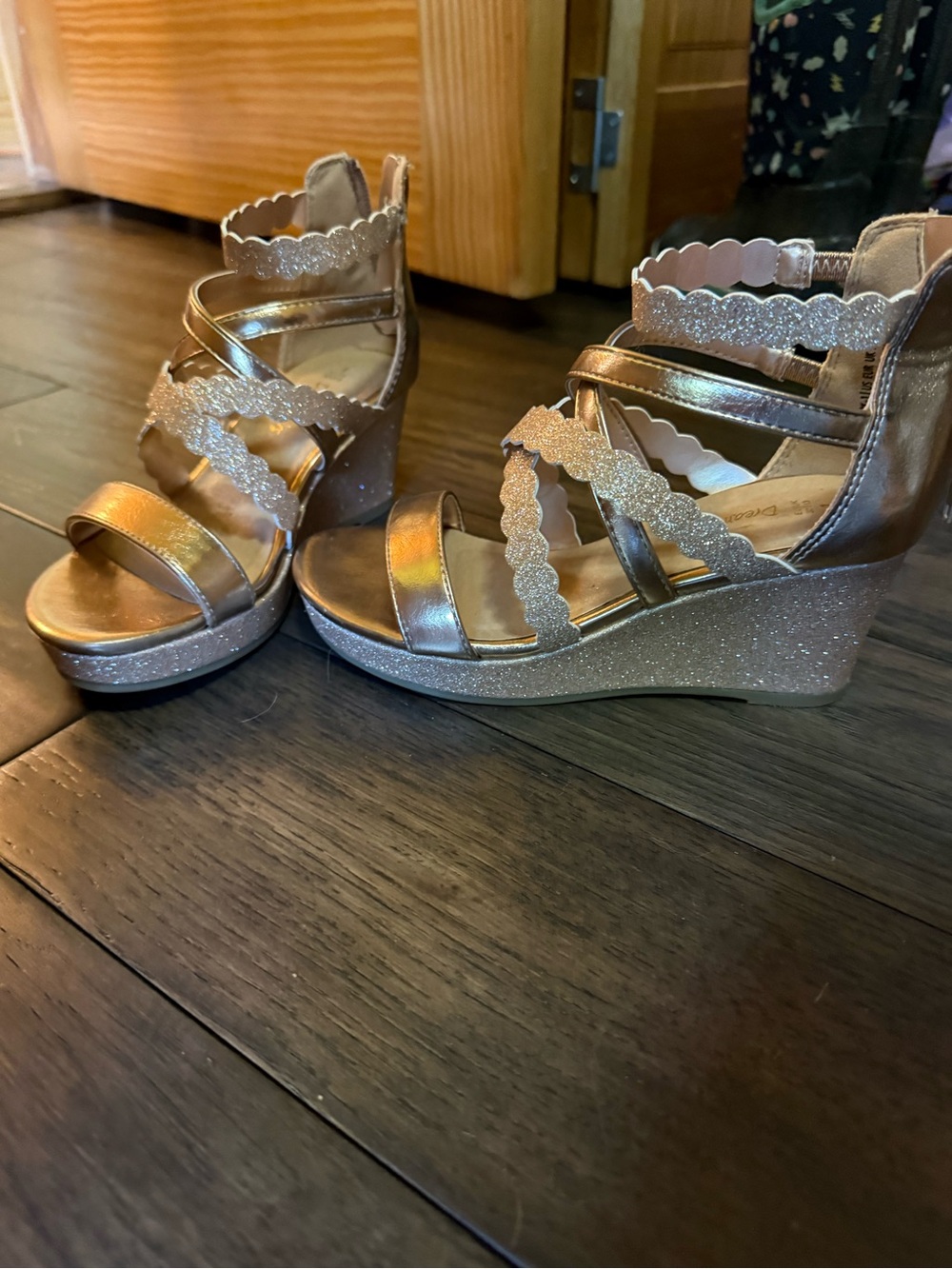 Women’s Metallic Gold Wedge Sandals with Glitter Straps